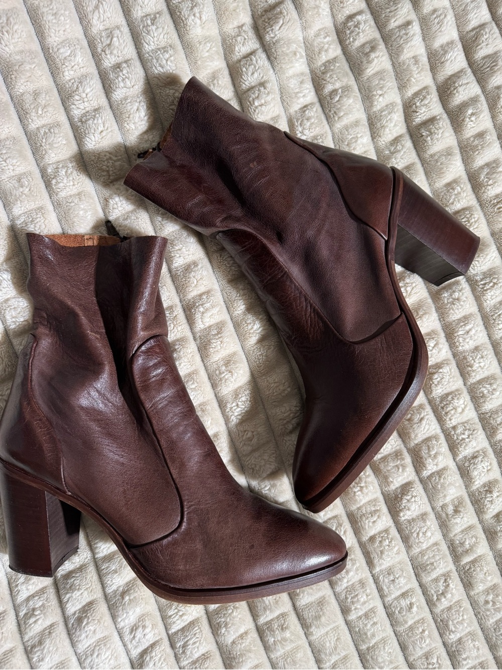 Topshop Brown Leather Ankle Boots with stacked Block Heel raw hem US 11/EU 42